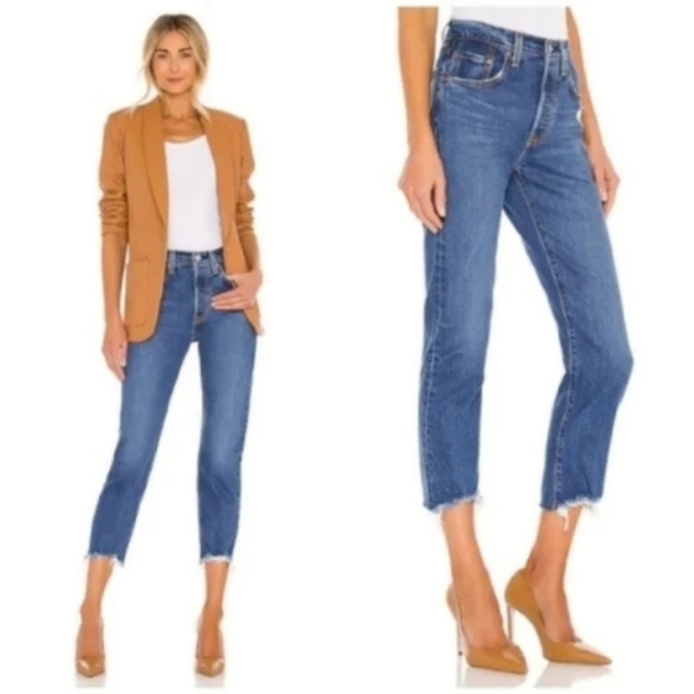 Levi's 501 Crop High Rise Denim Jeans Charleston Fun Mom 90s Straight Leg - Picture 4 of 10